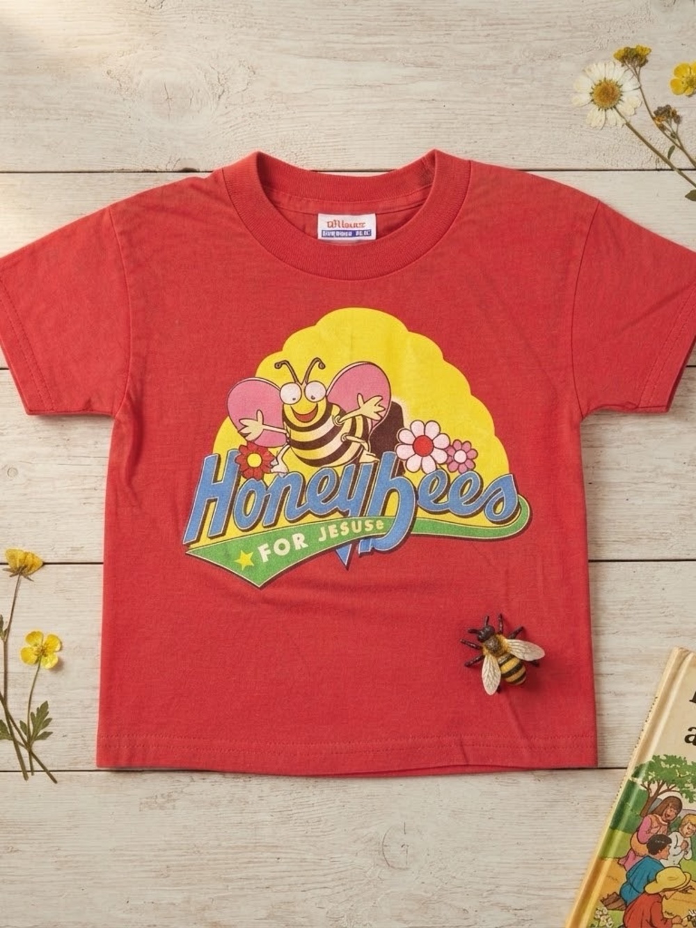 Vintage 90s Hanes Heavyweight 50/50 Honeybees For Jesus T-Shirt Youth XS 2-4 Red